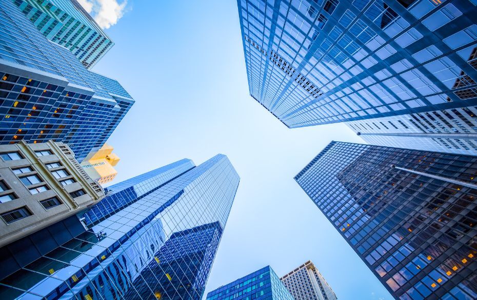 Looking upward at skyscrapers